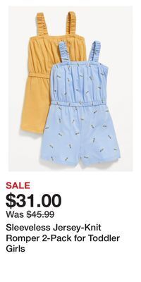 Old Navy Sleeveless jersey-knit romper 2-pack for toddler girls offer