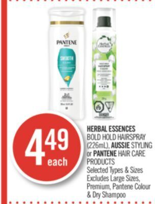 Shoppers Drug Mart Herbal essences bold hold hairspray (226ml), aussie styling or pantene hair care products offer