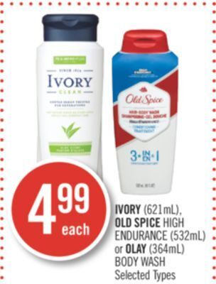 Shoppers Drug Mart Ivory (621ml), old spice high endurance (532ml) or olay (364ml) body wash offer