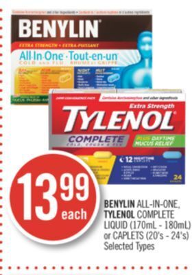 Shoppers Drug Mart Benylin all-in-one, tylenol complete liquid (170ml - 180ml) or caplets (20's - 24's) offer