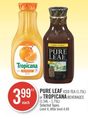 Shoppers Drug Mart Pure leaf iced tea (1.75l) or tropicana beverages (1.54l - 1.75l) offer