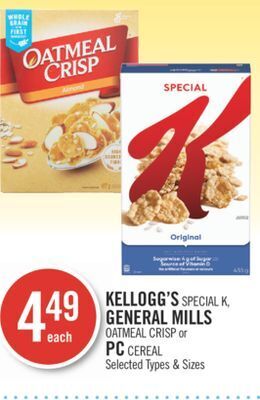 Shoppers Drug Mart Kellogg's special k, general mills oatmeal crisp or pc cereal offer