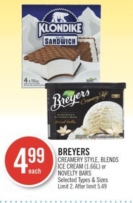 Shoppers Drug Mart Breyers creamery style, blends ice cream (1.66l) or novelty bars offer