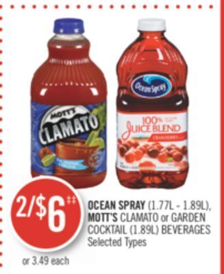 Shoppers Drug Mart Ocean spray (1.77l - 1.89l), mott's clamato or garden cocktail (1.89l) beverages offer