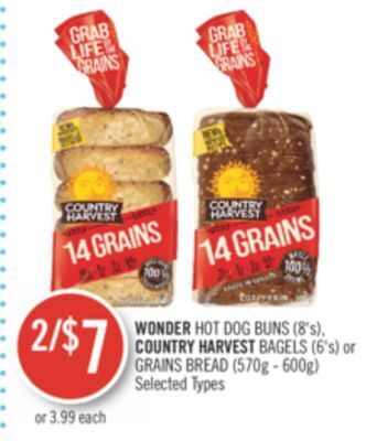 Shoppers Drug Mart Wonder hot dog buns (8's), country harvest bagels (6's) or grains bread (570g - 600g) offer