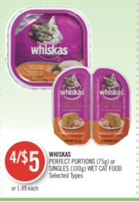 Shoppers Drug Mart Whiskas perfect portions (75g) or singles (100g) wet cat food offer