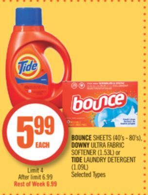 Shoppers Drug Mart Bounce sheets (40's - 80's), downy ultra fabric softener (1.53l) or tide laundry detergent (1.09l) offer