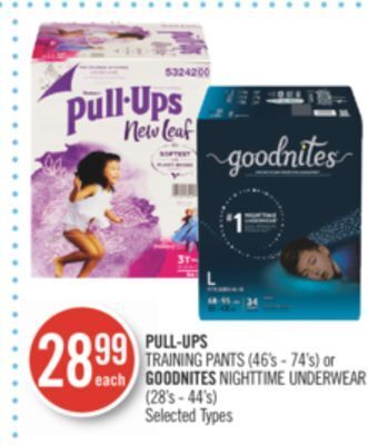 Shoppers Drug Mart Pull-ups training pants (46's - 74's) or goodnites nighttime underwear (28's - 44's) offer