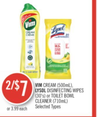 Shoppers Drug Mart Vim cream (500ml), lysol disinfecting wipes (30's) or toilet bowl cleaner (710ml) offer