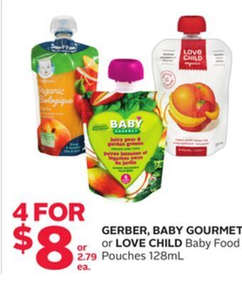 Rexall Gerber, baby gourmet or love child baby food pouches offer