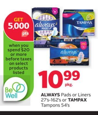 Rexall Always pads or liners 27' s-162' s or tampax tampons 54's offer