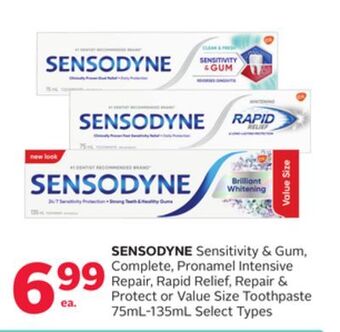 Rexall Sensodyne sensitivity & gum, complete, pronamel intensive repair, rapid relief, repair & protect or value size toothpaste offer