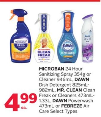 Rexall Microban 24 hour sanitizing spray 354g or cleaner 946ml, dawn dish detergent 825ml-982ml, mr. clean clean freak or cleaners 4 offer