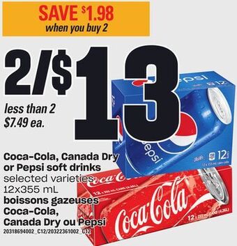 Independent City Market Boissons gazeuses coca-cola, canada dry ou pepsi, 12x355 ml offer
