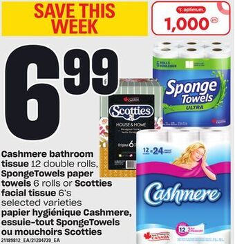 Independent City Market Papier hygiénique cashmere, 12 double rolls, essuie-tout spongetowels, 6 rolls ou mouchoirs scotties, 6's offer