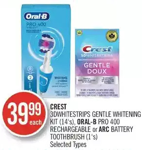 Shoppers Drug Mart Crest 3dwhitestrips doux whitening kit, oral-b pro 400 rechargeable or arc battery toothbrush offer