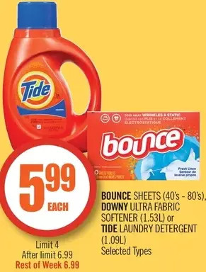 Shoppers Drug Mart Bounce sheets, downy ultra fabric softener or tide laundry detergent offer