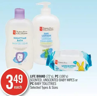 Shoppers Drug Mart Life brand, pc scented, unscented baby wipes or pc baby toiletries offer