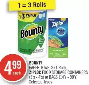 Shoppers Drug Mart Bounty paper towels, ziploc food storage containers or bags offer