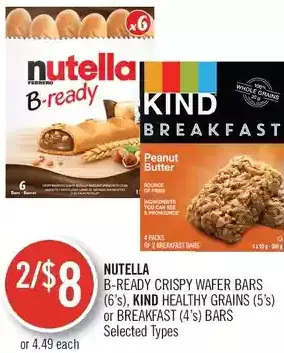 Shoppers Drug Mart Nutella b-ready crispy wafer bars, kind healthy grains or breakfast bars offer