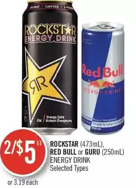 Shoppers Drug Mart Rockstar, red bull or guru energy drink offer