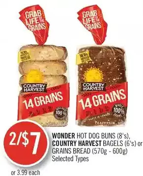 Shoppers Drug Mart Wonder hot dog buns, country harvest bagels or grains bread offer