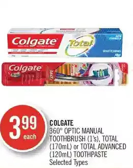 Shoppers Drug Mart Colgate 360° optic manual toothbrush, total or total advanced toothpaste offer