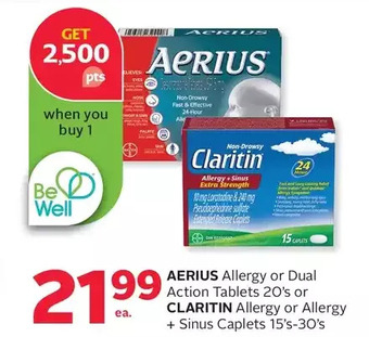 Rexall Aerius allergy or dual action tablets or claritin allergy or allergy + sinus caplets offer