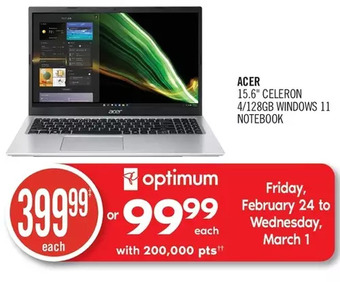 Shoppers Drug Mart Acer 15.6" celeron 4/128gb windows 11 notebook offer