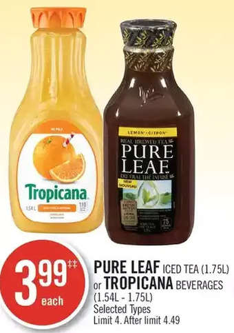 Shoppers Drug Mart Pure leaf iced tea or tropicana beverages offer