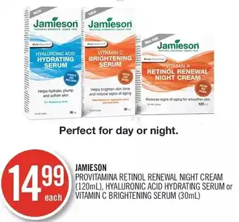 Shoppers Drug Mart Jamieson provitamina retinol renewal night cream, hyaluronic acid hydrating serum or vitamin c brightening serum offer