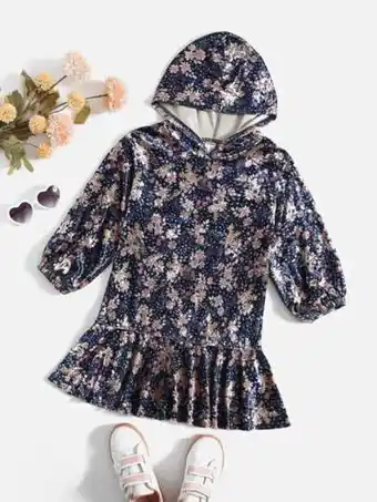 SheIn Shein toddler girls velvet allover floral ruffle hem hoodie dress offer