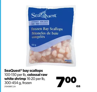 Real Canadian Superstore Seaquest bay scallops, colossal raw white shrimp offer