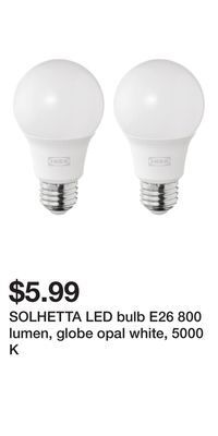 IKEA Solhetta led bulb e26 800 lumen, globe opal white, 5000 k offer