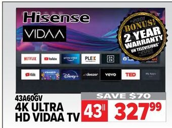 2001 Audio Video Hisense 43" 4k ultra hd vidaa tv offer