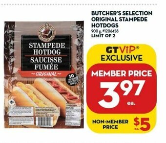 Giant Tiger Butcher's selection original stampede hotdogs offer