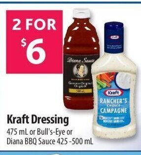 Co-op Kraft dressing 475ml or bull's-eye or diana BBQ sauce 425-500ml offer