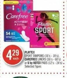 Shoppers Drug Mart Playtex sport tampons (16's-18's) or carefree liners (36's-60's) offer