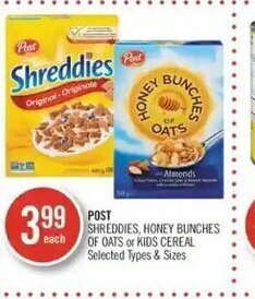 Shoppers Drug Mart Post shreddies, honey bunches of oats or kids cereal offer
