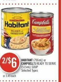 Shoppers Drug Mart Habitant (796ml) or Campbell's ready to serve (515ml) soup offer