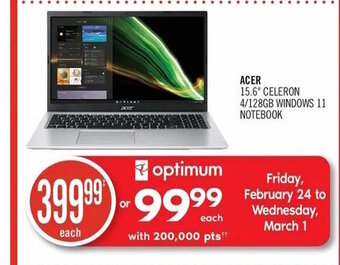 Shoppers Drug Mart Acer 15.6" celeron 4/128gb windows 11 notebook offer