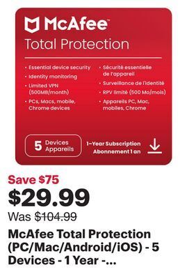 Best Buy Mcafee total protection (pc/mac/android/ios) - 5 devices - 1 year - digital download offer
