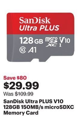 Best Buy Sandisk ultra plus v10 128gb 150mb/s microsdxc memory card offer