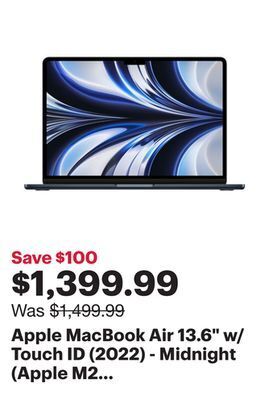 Best Buy Apple macbook air 13.6" w/ touch id (2022) - midnight (apple m2 chip / 256gb ssd / 8gb ram) - english offer