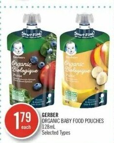 Shoppers Drug Mart Gerber organic baby food pouches 128ml offer