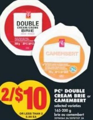 No Frills PC Double Cream Brie or Camembert 165-200 g offer