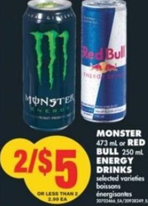 No Frills Monster 473 ml or Red Bull 250 ml Energy Drinks offer