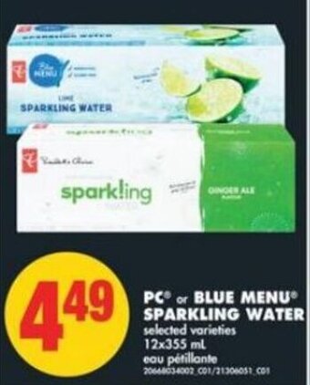 No Frills PC or Blue Menu Sparkling Water 12x355 ml offer