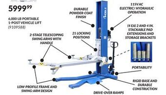 Princess Auto 6,000 lb portable 1-post vehicle lift offer