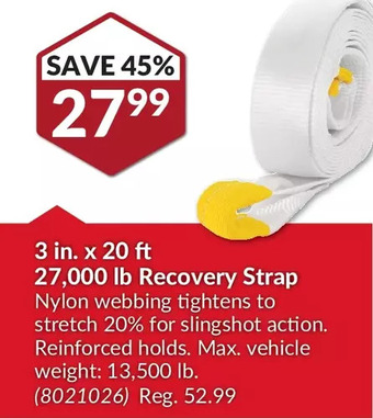 Princess Auto Erickson 3 in. x 20 ft 27,000 lb recovery strap offer